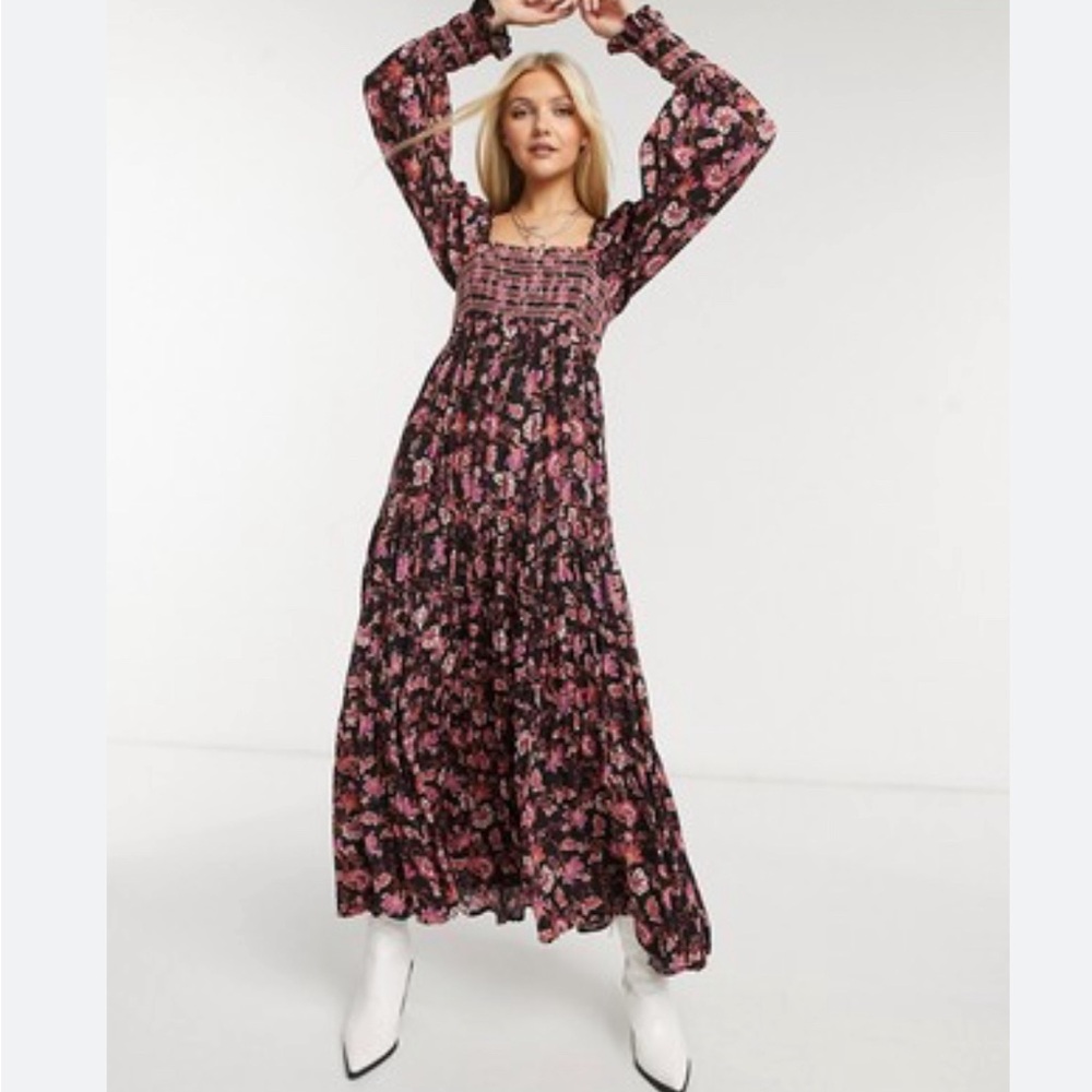 FREE PEOPLE Sweet Escape Smocked Floral Maxi Dress - MEDIUM - Black & Pink $168